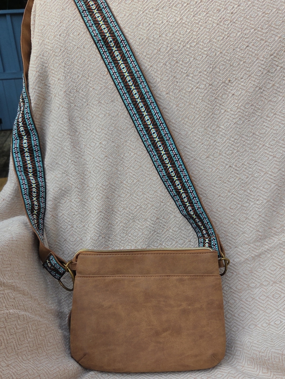 Women’s Crossbody Bag in Tan with Patterned Strap